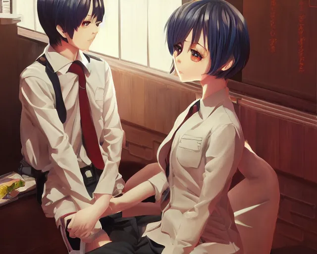 Image similar to boy's love anime high school scene setting, high detail, perfect proportions, realistic shaded lighting poster ilya kuvshinov katsuhiro, raden saleh, loish style, trending on art station - h 6 4 0