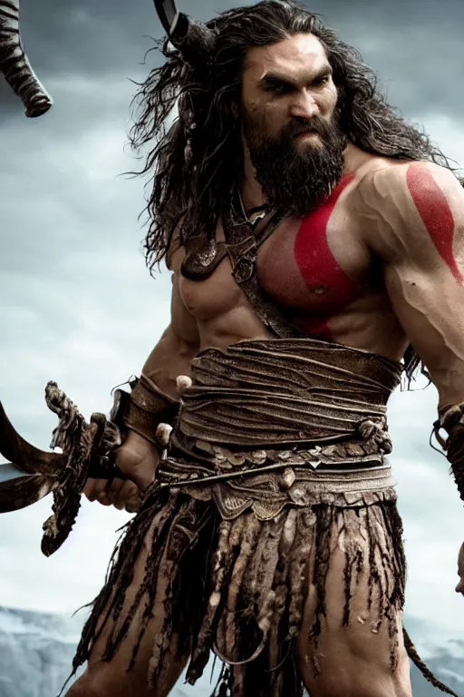 Image similar to film still from god of war, a highly detailed beautiful closeup photo of jason momoa kratos with long windblown wet hair holding a sword and fighting zombies on a pile of human skulls, spartan warrior, olympian god, muscular!,, action pose, ambient lighting, volumetric lighting, octane, fantasy