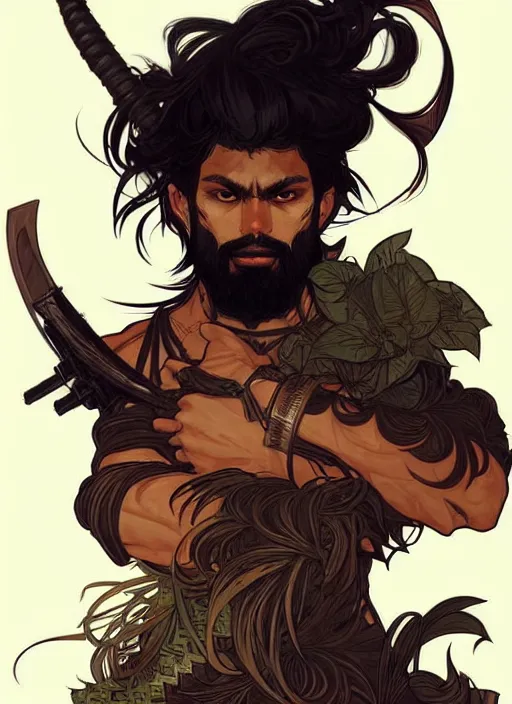 Prompt: jungle warrior, male, brown skin, black messy hair, beard, badass, angry, fight, high fantasy, dnd, smooth, sharp focus, illustration, by rossdraws, alphonse mucha, frank fanzzeta