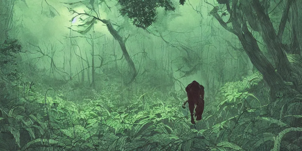 Prompt: beautiful tense illustration of an apocalyptic scene, a man sneaking through a lush green forest, stephen king atmosphere, 1 9 8 0 s japanese illustrator art, award winning