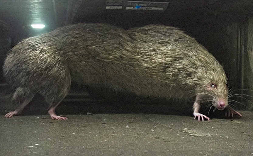 Prompt: very large giant mutant zombie rat infected by radiation sraying in tonnel of moscow subway. extreme high detail. low dark light, scary atmosphere.