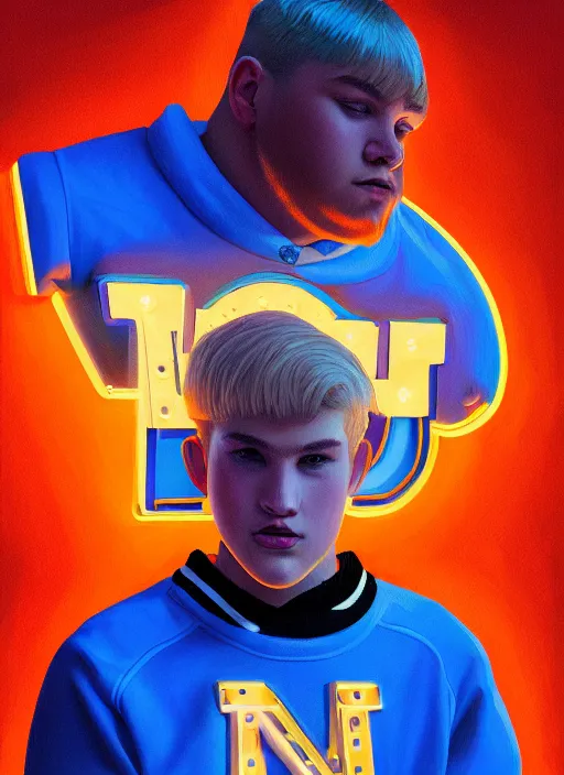 Image similar to portrait of high school senior boy named big moose, blonde short hair, jock, beefy, wide face, square jaw, square facial structure, blue varsity jacket with letter r, intricate, elegant, glowing lights, highly detailed, digital painting, artstation, concept art, sharp focus, illustration, art by wlop, mars ravelo and greg rutkowski