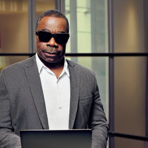 Prompt: LeVar Burton wearing sunglasses and a dark suit, holding a laptop, standing in lobby of office building, style of GTA V, octane render