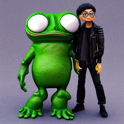 Image similar to perfectly accurate miniature figure of pepe the frog wearing jeans and a black leather jacket, soft textures, skin texture, clothing, 3d sculpture, textured, fine detail, lifelike, photo, high resolution, octane render, post processing, after effects, trending on artstation