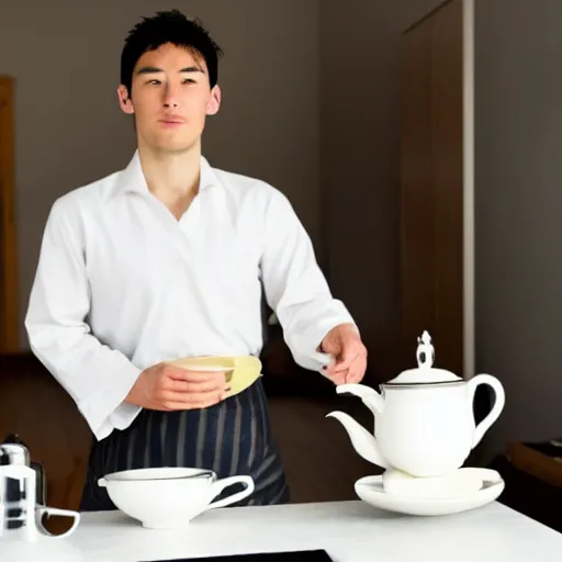 Prompt: handsome japanese man making tea