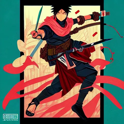 Image similar to concept art design illustration, revenge of the shinobi game cover!! 1 6 colors, logo, ink drawing, art by jc leyendecker and sachin teng