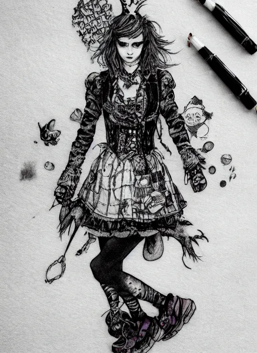 Image similar to portrait, Punk rock Alice in wonderland, caterpillar tattoo on her neck, septum piercing, fishnets, full body, torn skirt, watercolor, dramatic lighting, cinematic, establishing shot, extremely high detail, foto realistic, cinematic lighting, pen and ink, intricate line drawings, by Yoshitaka Amano, Ruan Jia, Kentaro Miura, Artgerm, post processed, concept art, artstation, matte painting, style by eddie mendoza, raphael lacoste, alex ross