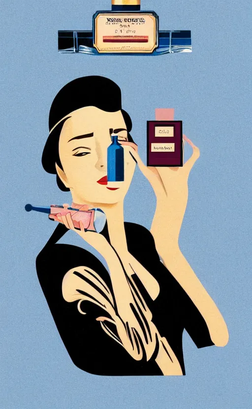 Image similar to illustration, close - up photo with beautiful bottle of perfume near nose, sniffing the aroma, an art deco painting by tom whalen, trending on behance, art deco, digital illustration, storybook illustration, grainy texture, flat shading, vector art, airbrush, pastel, watercolor, poster