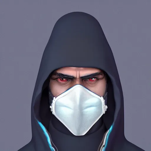 Image similar to a highly detailed, portrait of a man with black hair with a black medical mask, in a hood in the form of a blue shark with white teeth, artstation, DeviantArt, professional, octane render, digital art