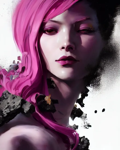 Image similar to a highly detailed image of A beautiful woman, in professional makeup, with medium length magenta hair covering an eye, and a tall tree, and large obsidian crystals, cinematic lighting, dramatic atmosphere, by Dustin Nguyen, Akihiko Yoshida, Greg Tocchini, Greg Rutkowski, Cliff Chiang, 4k resolution, trending on artstation