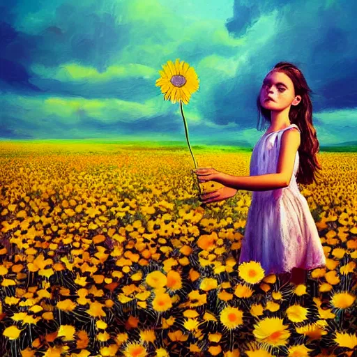 Image similar to face made of giant daisies, girl standing barefoot in a flower field, holding flowers, surreal photography, sunrise dramatic light, impressionist painting, colorful clouds, large sky, digital painting, artstation, simon stalenhag, flower face