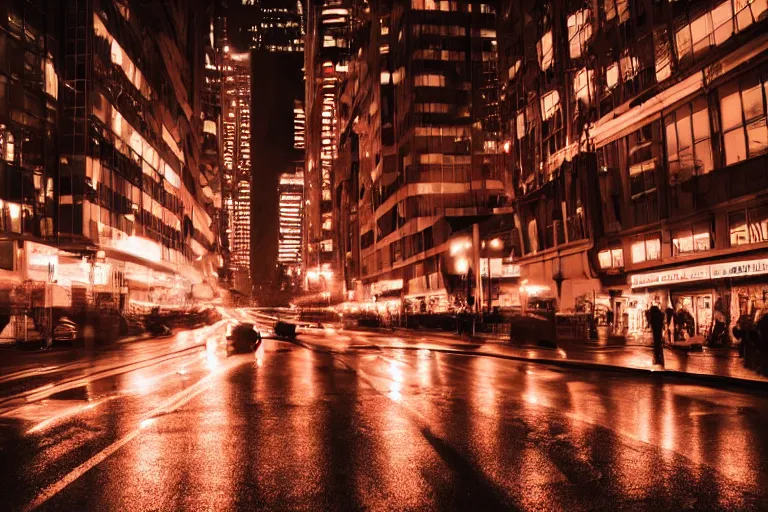 Image similar to travelling at the speed of the light through the city, night, high buildings, city lights, red tail lights