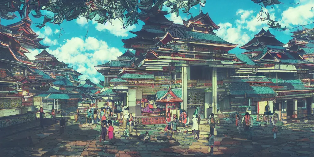 Image similar to vivid 80s anime indonesian architecture by hayao miyazaki, beautiful, gorgeous, dramatic lighting, rule of thirds, perfect composition, trending on ArtStation, 8k
