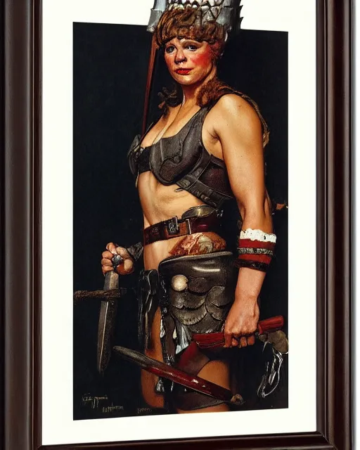 Prompt: front view portrait of a savage muscular barbarian female with leather armor, by norman rockwell