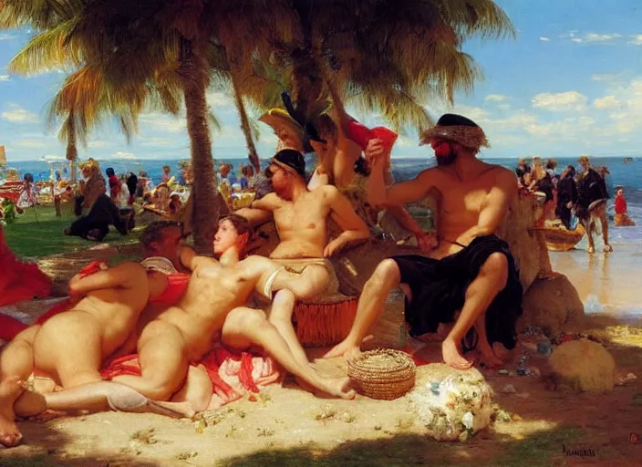 Prompt: the roman legion relaxing on the beach by vladimir volegov and alexander averin and pierre auguste cot and delphin enjolras