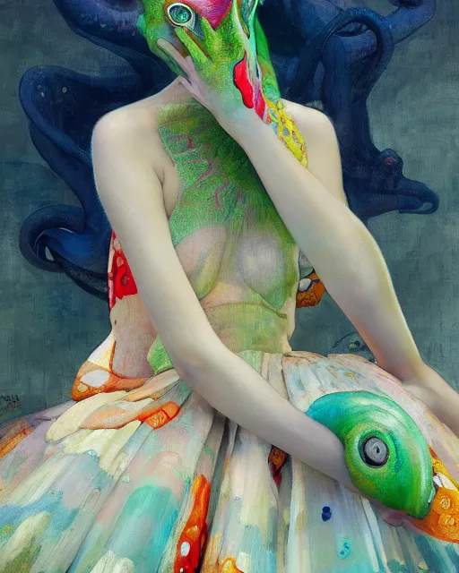 Image similar to a beautiful girl wearing a colourful octopus as a dress, painted by edgar maxence, edward hopper, wayne barlowe and james gilleard, airbrush, art by jamesjean