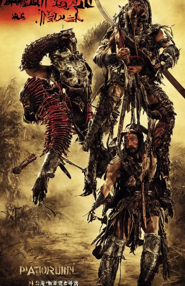 Image similar to movie poster for predator film shot in feudal japan staring hiroyuki sanada as a disgraced ronin who hunts down the predator after he fails to protect his master from it. in the style of al kallis, reynold brown, h. r. geiger.