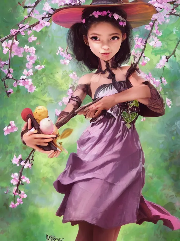 Image similar to Full shot of a cute mischievous young spring witch about to get up to some trouble with her playful bat familiar. Latin American fashion. Floral patterns. cherry blossoms. Bats. Black and Pink and Lime Green palette. Magic. Latina girl. brown skin. defined facial features, symmetrical facial features. Smiling. By Ruan Jia and Artgerm and Range Murata and WLOP and Ross Tran and William-Adolphe Bouguereau. Key Art. Fantasy Illustration. award winning, Artstation, intricate details, realistic, Hyperdetailed, 8k resolution.