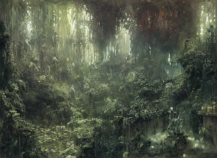 Image similar to interior shot of a lush jungle, an overgrown City can be seen far in the distance, masterpiece, painterly, art by artem demura, emotion, fantasy art,