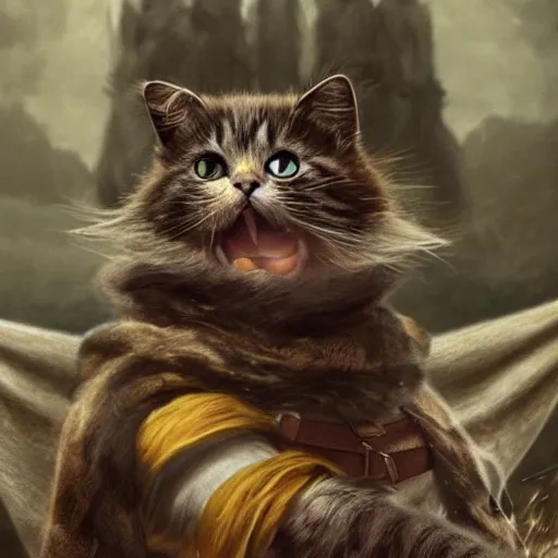 Image similar to if cats were loud if the rings characters, lotr, cats, cats dressed in lotr costumes, hobbits, gandalf, elves, dwarves, 4 k, hyper realistic, artstation