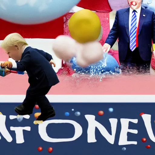 Image similar to baby Biden, baby Trump, baby Putin, baby Xi, riding a hobby horse shooting each other with water pistols, cartoon,