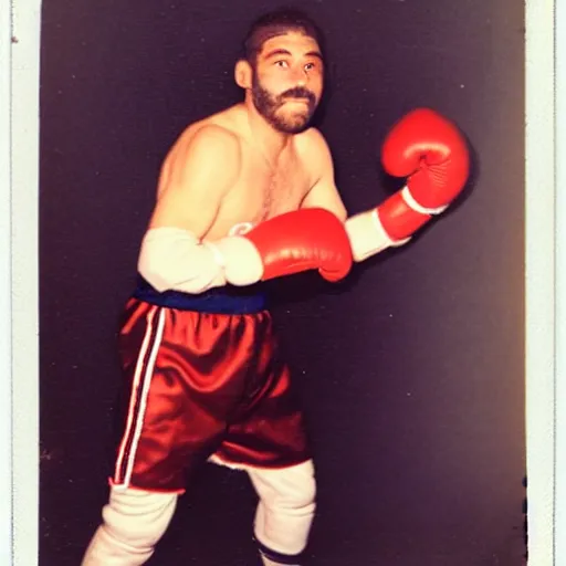 Image similar to old forgotten polaroid featuring: Rocky Raccoon, the oz-for-oz southpaw KING!!! raccoon boxing champion decked out in sparring gear. official vintage polaroid portrait from Raccoon Boxing Archives (1982).
