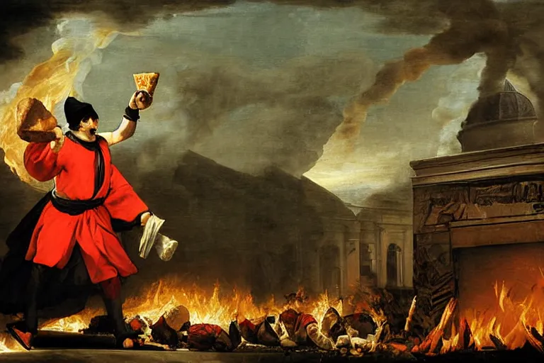 Image similar to a highly detailed menacing painting of pulcinella!!! from naples with a pizza!! and lots of fire, a volcano and dark smoke, an ultrafine painting by giovanni domenico tiepolo, dramatic lighting, trending on deviantart, sharp focus, octane, masterpiece