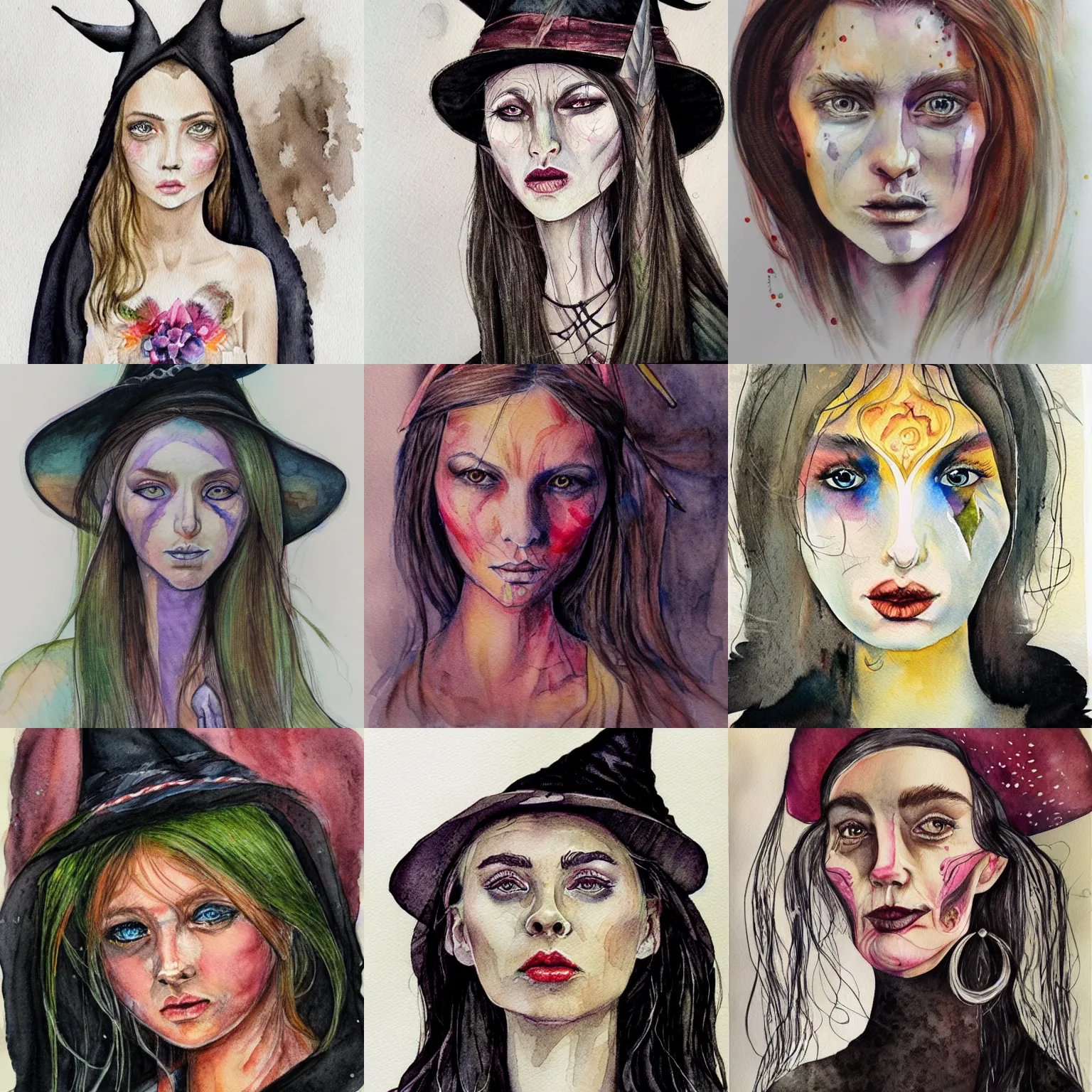 Prompt: witch, portrait, dziuba evgeniya, watercolor, illustration