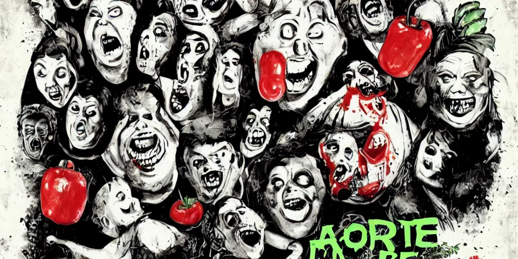 Image similar to a horror movie poster featuring huge fat people eating fruits and vegetables