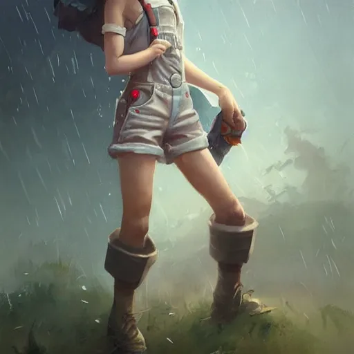 Image similar to Female, soft eyes and narrow chin, dainty figure, single strap paint covered overalls, short shorts, combat boots, raining, basic white background, style of by Jordan Grimmer and greg rutkowski, crisp lines and color,