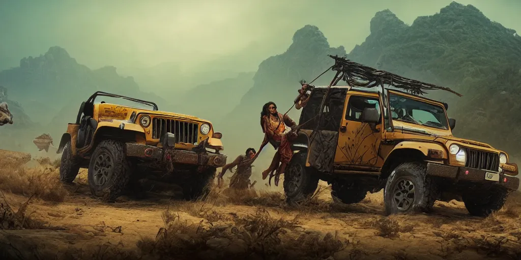 Image similar to Mahindra thar, tribe members attacking, action scene, an epic fantasy, dramatic lighting, cinematic, establishing shot, extremely high detail, photorealistic, cinematic lighting, artstation, octane render, by simon stalenhag, shadow of the tomb rider