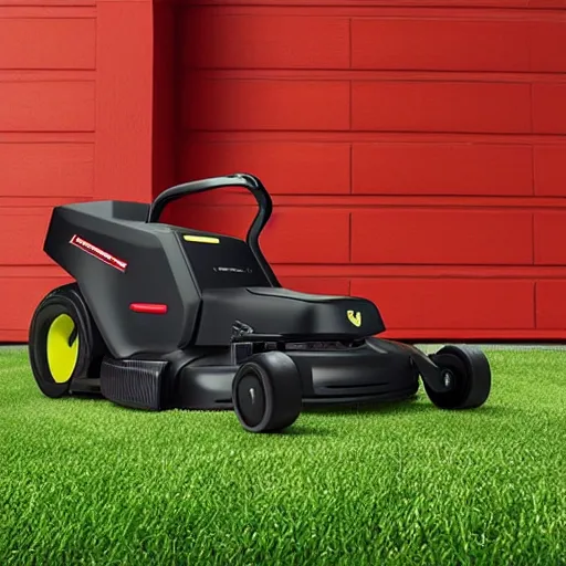 Prompt: Ferrari 20-Volt electric lawn mower. Lithium Ion cordless. Product picture from e-commerce site. Background removed. White background. Entire product visible in picture.