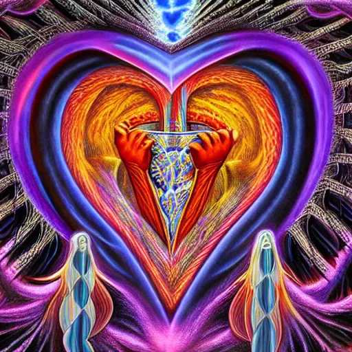 Image similar to medieval fantasy heart broken in two pieces, by alex grey, TOOL band art, psychedelic, fractals, detailed, 8K