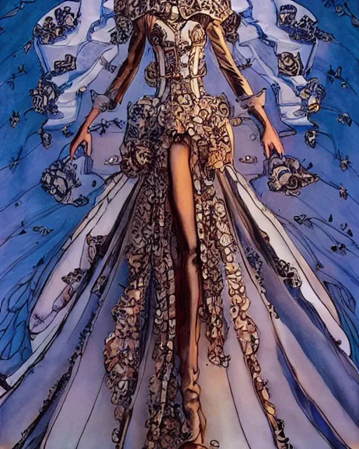 Image similar to fashion model walking down a catwalk, elaborate dress by alexander mcqueen, beautiful feminine face, art by michael whelan and chris moore and howard david johnson and tim white and dan giancola