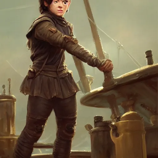 Image similar to arya stark as a beautiful muscular female gnome mechanic, short black pixie undercut hair, standing on ship deck, naval background, intricate, D&D, highly detailed, full body portrait, wide angle, digital painting, artstation, smooth, sharp focus, great composition, illustration, art by Greg Rutkowski, trending on artstation