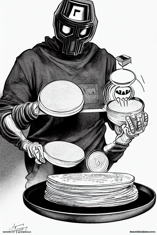 Image similar to professional photographic shoot mf doom making pancakes, animation pixar style, by pendleton ward, magali villeneuve, artgerm, rob rey and kentaro miura style, golden ratio, trending on art station