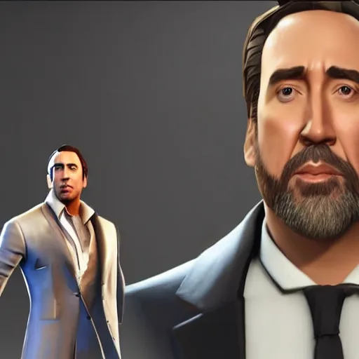 Image similar to nicholas cage in fortnite, character render, full body shot, highly detailed, in game render