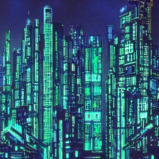 Prompt: 90's cyberpunk skyline, monolithic megastructures, beams of light, in the style of Johnny Mnemonic