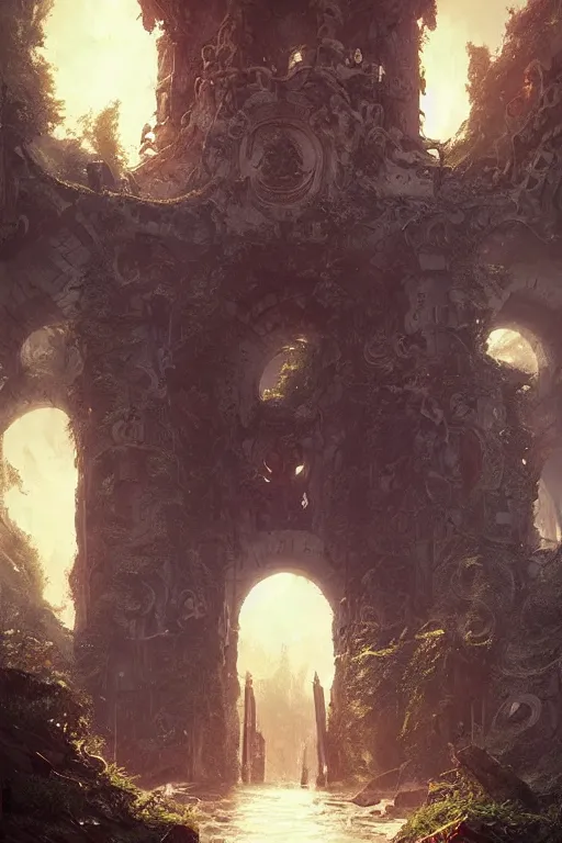 Image similar to the entrance of Valhalla, ornate, beautiful, weapons, lush, nature, low angle, in the style of Greg Rutkowski