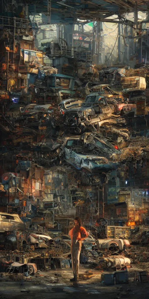 Prompt: concept art of a humanoid standing in a junkyard, back - view, technology screens glowing, hyper maximalist, matte painting, ultra detail, concept art, hyper realistic, cgsociety, hyper maximalist, artstation, cgsociety, style by jon foster and feng zhu and tyler edlin, octane render, anime style