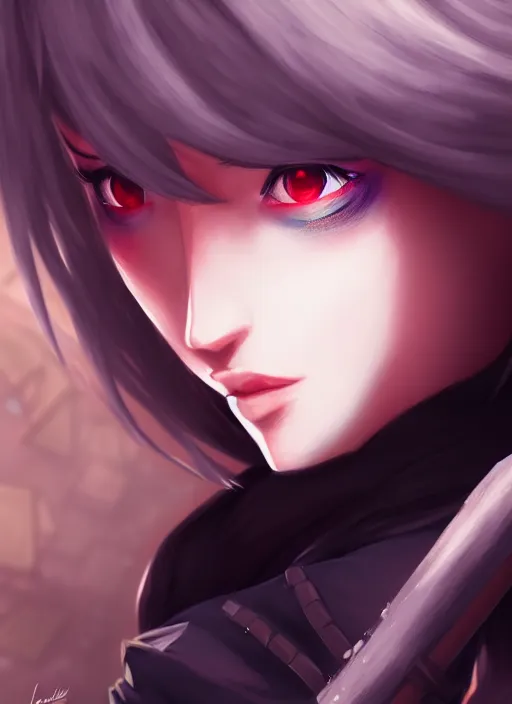 Prompt: a portrait of a beautiful confident assassin woman, finely detailed features, closeup at the faces, perfect art, at a deserted city, gapmoe yandere grimdark, trending on pixiv fanbox, digital painting, painted by loish
