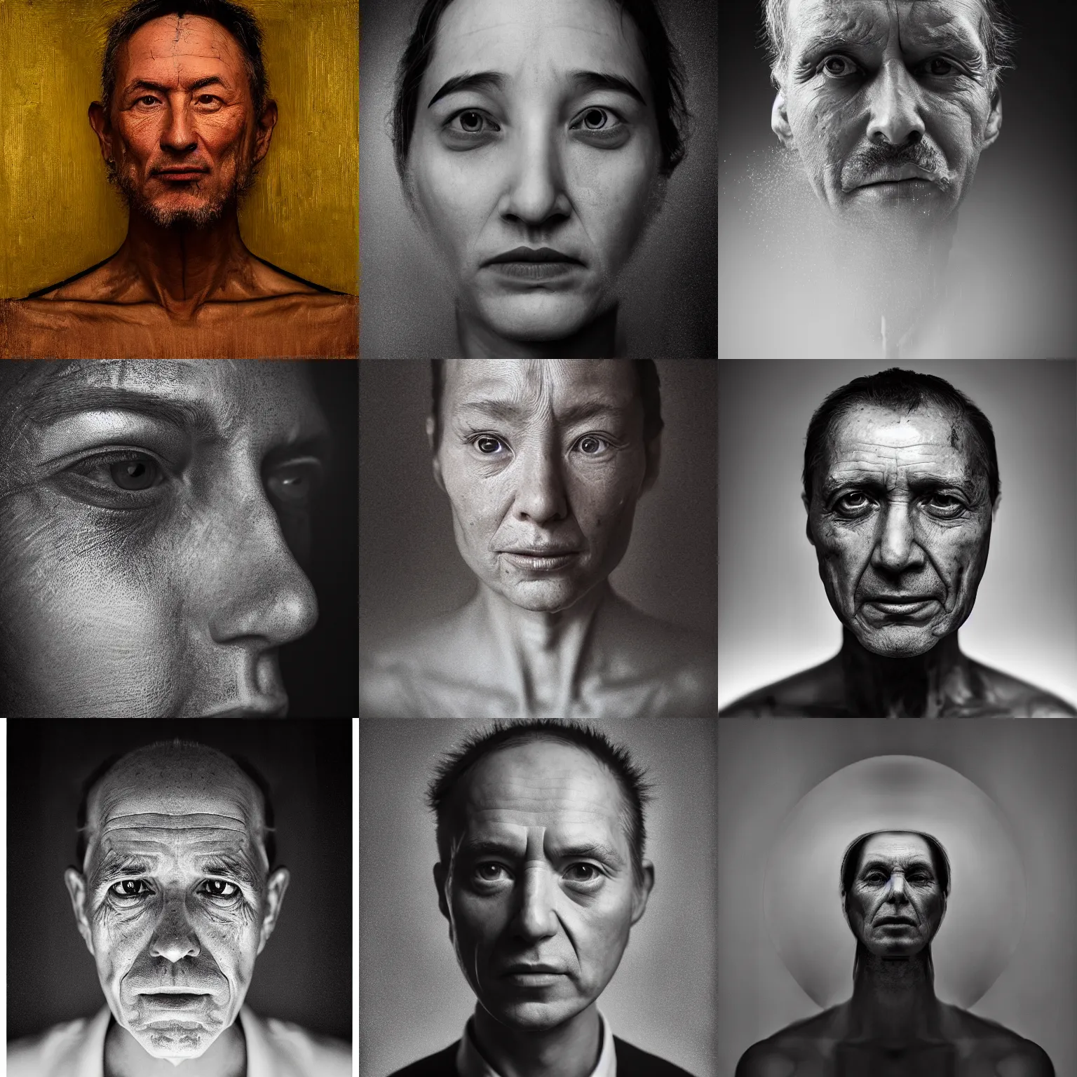 Prompt: 'Portrait of an AI' image of an artificial intelligence as a human face by Refik Anadol, photography Lee Jeffries, perfect lighting, studio lit, micro details, decor by Gustav Klimt, EOS-1D, f/1.4, ISO 200, 1/160s, 8K, RAW, unedited, symmetrical balance, in-frame