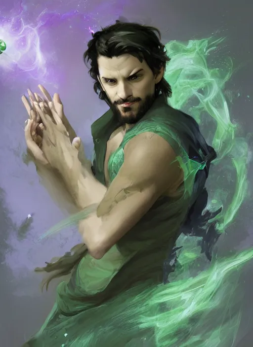 Image similar to character concept portrait of an extremely handsome young Spanish wizard with green eyes and powder-green skin conjuring a cosmic spell, a floating iridescent spell book in the center, intricate, elegant, digital painting, concept art, smooth, sharp focus, illustration, from Metal Gear, by Ruan Jia and Mandy Jurgens and William-Adolphe Bouguereau, Artgerm