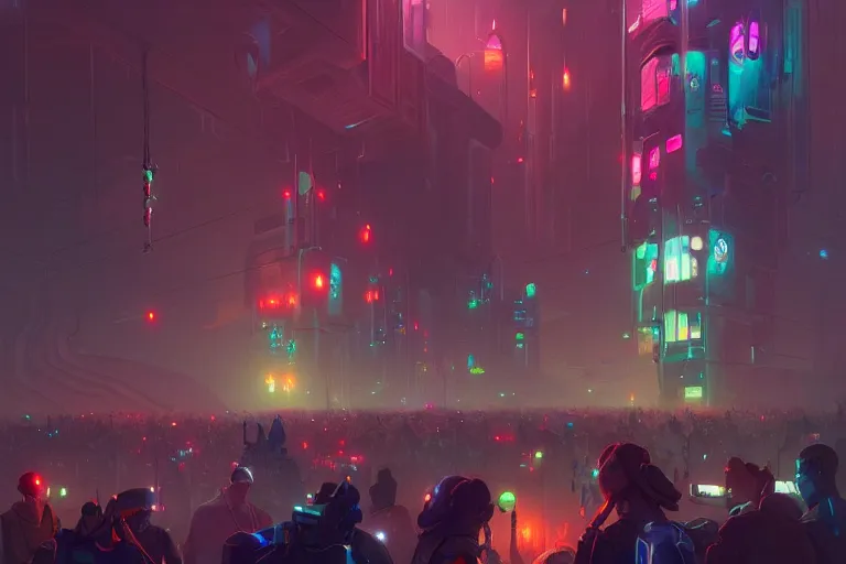 Image similar to crowded place, many people, gathering, people, cyberpunk, bionics, augments, lights, cables, colorful, vivid, imposing, epic, digital painting, artstation, concept art, by peter mohrbacher and wlop and rhads,