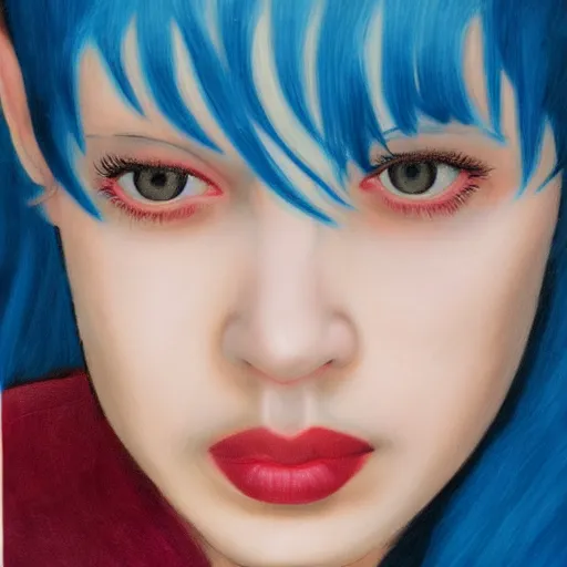 Prompt: portrait of young girl half dragon half human, blue hair, David Lynch