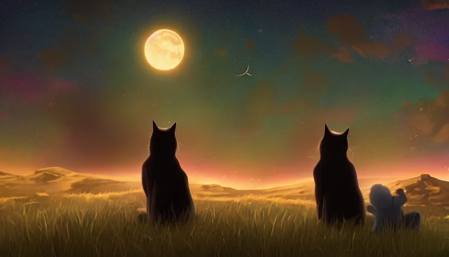 Prompt: black cat and a girl looking at the stars on a hill, stardusts, hyperdetailed, artstation, cgsociety, 8 k