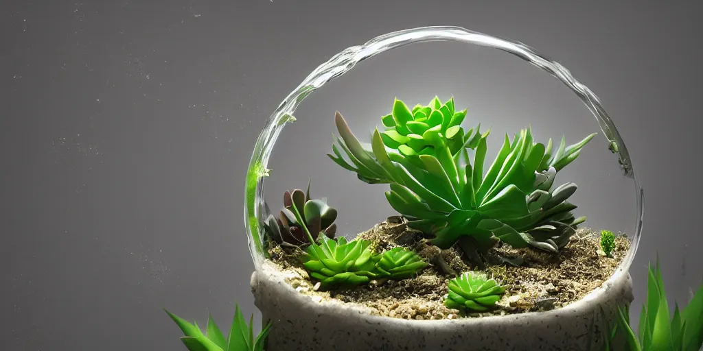 Prompt: hydroponic succulent plant, terrarium photograph, a pipe flowing with milky liquid, central composition, fluid, ultra clear material, volumetric light, lightrays, cinematic, atmospheric, 3 d concept art, octane render, beautiful, cinematic lighting, intricate details.