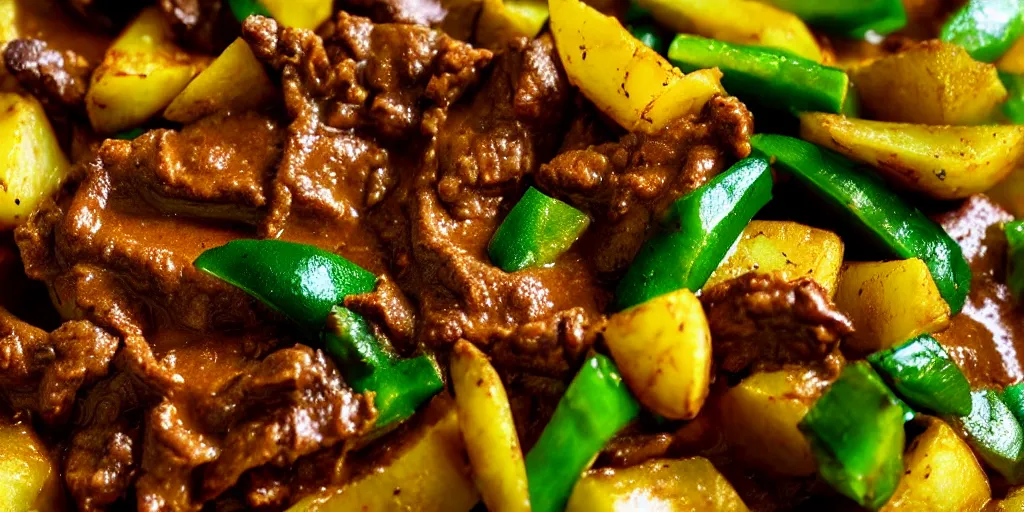 Prompt: curry sauce beef onion potatoes green peppers, closeup, food photography