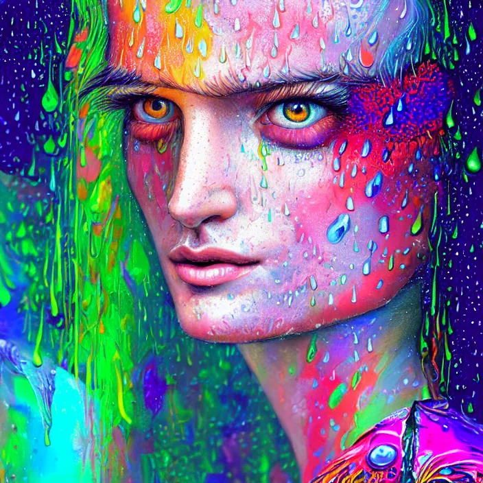 Image similar to bright psychedelic portrait with rain on face and wet hair, wings, smiling, diffuse lighting, fantasy, intricate, elegant, highly detailed, lifelike, photorealistic, digital painting, artstation, illustration, concept art, smooth, sharp focus, art by John Collier and Albert Aublet and Krenz Cushart and Artem Demura and Alphonse Mucha