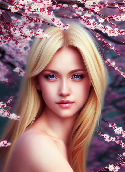 Image similar to photo of a gorgeous blonde female in the style of stefan kostic, realistic, half body shot, sharp focus, 8 k high definition, insanely detailed, intricate, elegant, art by stanley lau and artgerm, extreme blur cherry blossoms background